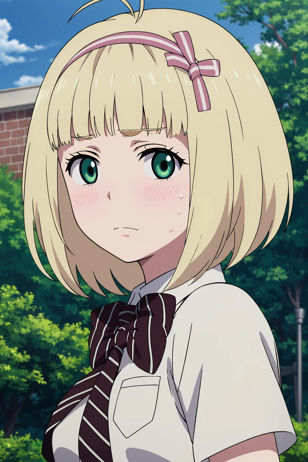 ((best quality)),((highly detailed)),masterpiece,absurdres,detailed face,beautiful face,(detailed eyes, deep eyes),1girl,((dynamic pose)) <lora:ShiemiV1:0.7>,shiemi, solo, blonde hair, green eyes, short hair, blush, hairband, necktie, school uniform, ribbon, sweatdrop, striped, antenna hair, shirt, upper body, outdoors, bow, short sleeves, bob cut, frown, hair ribbon, day, bangs, tree, white shirt, blunt bangs, looking at viewer