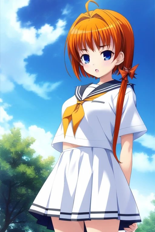 <lora:Hongou_Ai:1>,  HongouAi, 1girl, soro, blue_eyes, orange_hair, ahoge,  hair_ribbon, hair_bow,  cowboy_Shot, sky, ground,
school uniform, serafuku, 
masterpiece, high quality, very_high_resolution, large_filesize, full color,