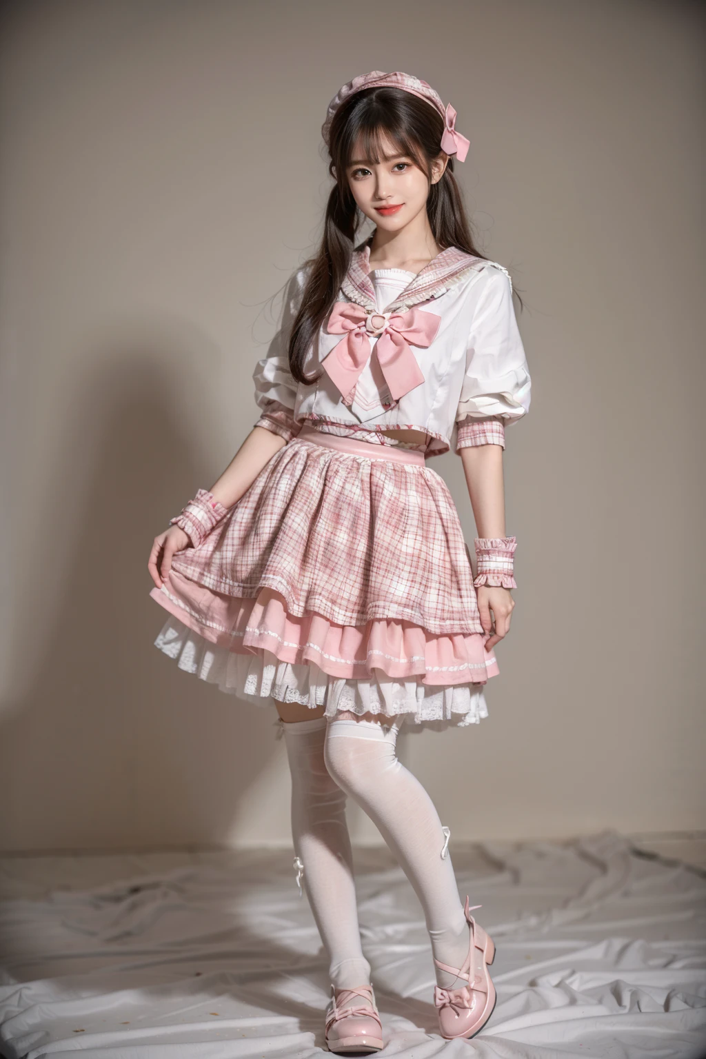 best quality, masterpiece, realistic, photorealistic, 1girl, solo, looking at viewer, light smile, full body, standing, low twintails, bangs, idol costume, cyb skirt, cyb shirt, plaid skirt, idol, wrist cuffs, bow, sailor collar, frilled skirt, frills, white thighhighs, shoes, simple background, <lora:idol_costume_style7_v1:0.7>