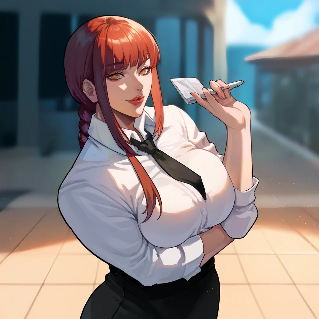 score_9, score_8_up, score_7_up, score_6_up, score_5_up, score_4_up, BREAK source_anime,rating_explicit,a girl,woohyoot ,
,(portrait,makima \(chainsaw man\), ),solo,
,lips, thick lips,plump,
,curvy,
,collared shirt, necktie, black necktie,
ringed eyes, braided ponytail, formal,
, long hair,bangs,office lady,
,happy,looking at viewer,facing viewer,outdoors,
<lora:DonaughtX2Lora-000105:1>