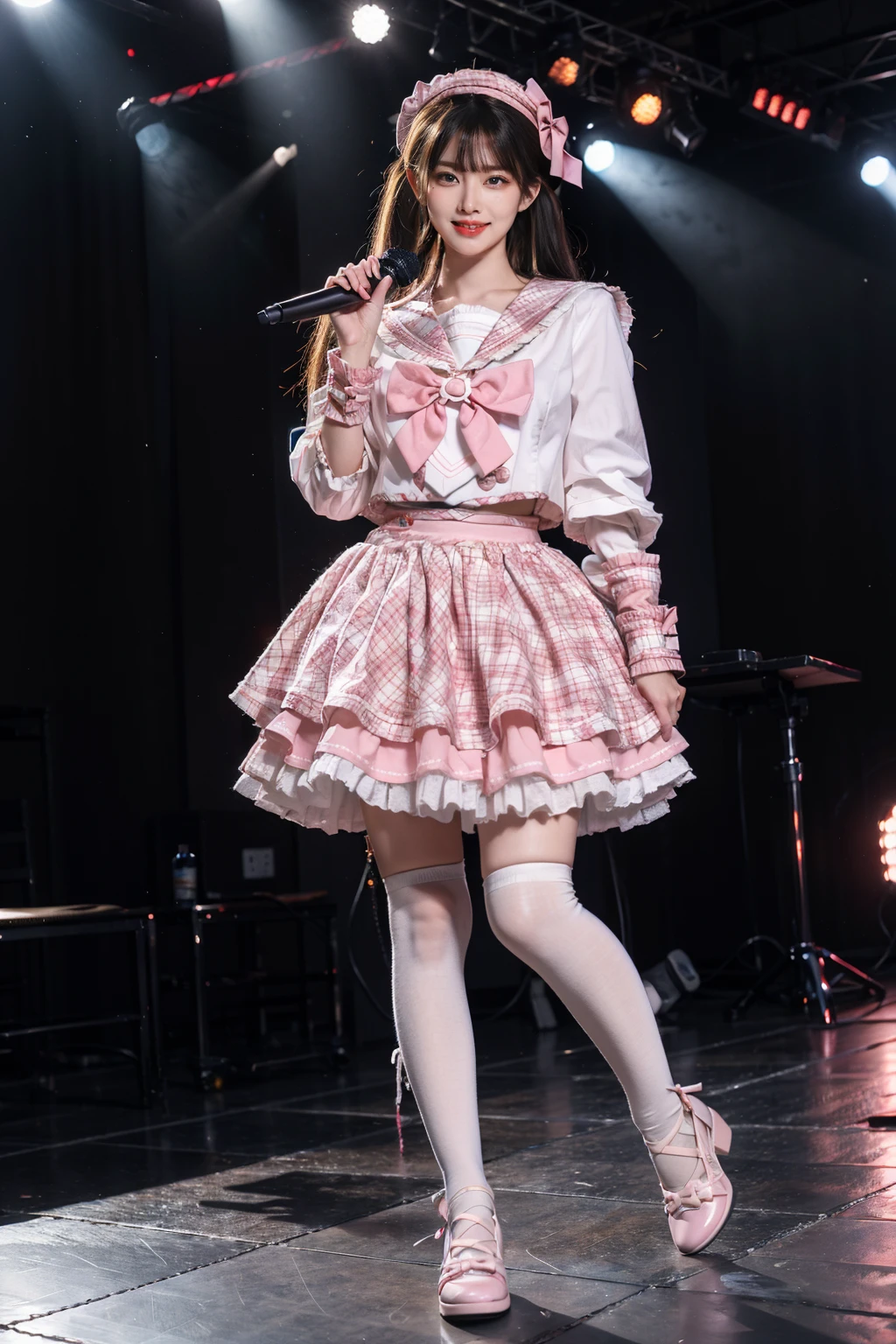 best quality, masterpiece, realistic, photorealistic, 1girl, solo, smile, full body, standing, low twintails, bangs, smile, idol costume, cyb skirt, cyb shirt, plaid skirt, frilled skirt, idol, wrist cuffs, bow, sailor collar, frills, holding microphone, white thighhighs, shoes, stage in the backgorund, stage lighting, stage spotlight, audience, people, <lora:idol_costume_style7_v1:0.7>