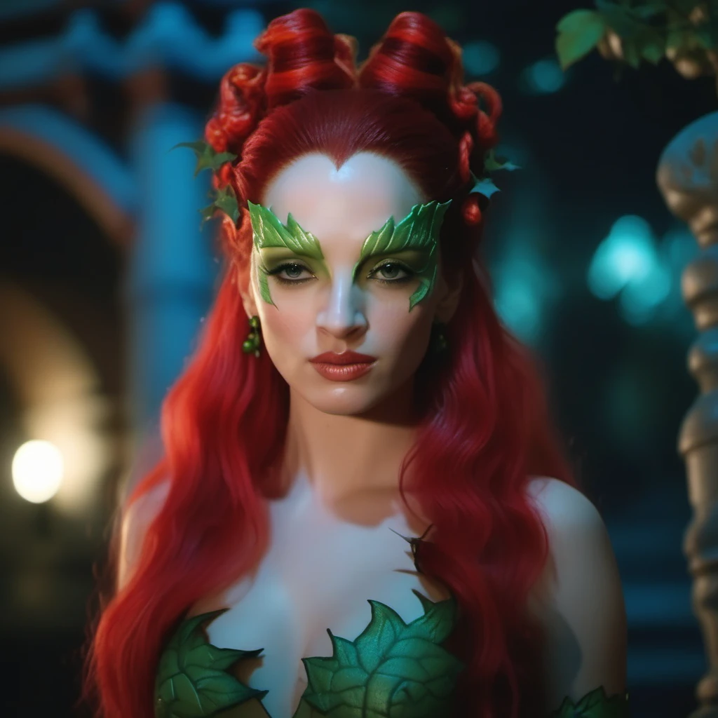 Ultra realistic extremely beautifully detailed 8k picture of 1 gorgeously cute and cool woman uma poison ivy exploring a forbidden city at night, extremely detailed eyes mouth and facial features, gorgeous breathtaking composition and epic cinematic lighting <lora:uma poison ivy:0.8>