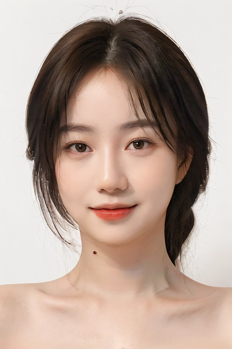 (masterpiece, top quality, best quality, (close-up photograph: 2), ((1girl)), korean, fair skin, (extremely detailed face), ((looking at viewer)), ((((ultra-detailed eyes and pupils)))),((((ultra-detailed lips)))) cheekbone, plump cheeks, ((bare pectorals)), ((bare chest)), ((tube dress)), bare head, ((bare shoulders)), symmetrical frame, (((strapless))), ((closed lips)), (((smile))), ((symmetrical pose)), (symmetrical face: 1.6), 35mm, ((((minimal plain white background)))), ((no lighting)),no watermark, ((medium hair)), <lora:luolitadage:0.7>