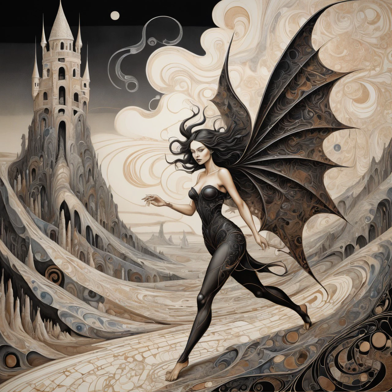 a naked witch, covered in tattoos, flying above a castle, laughing