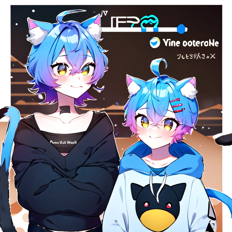 Linechu, 1 boy with blue hair and cat ears, holding a penguin plushie, <lora:Linechu5_fuwafuwa_fixed:1> flat chest