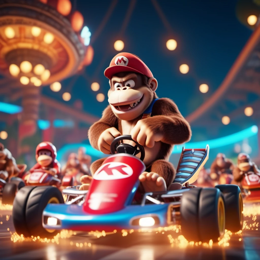 cinematic photo Donkey Kong driving a karting, fantasy world . 35mm photograph, film, bokeh, professional, 4k, highly detailed <lora:Mario1024-000200:0.6> <lora:add-detail-xl:1.5>