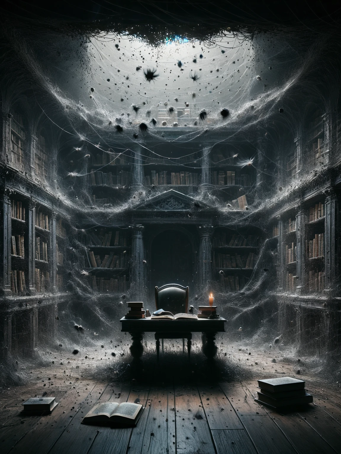 A forgotten, cobweb-covered library with ais-darkpartz floating among the ancient books, creating a haunting atmosphere. <lora:Dark_Particles_Style_SDXL:1>