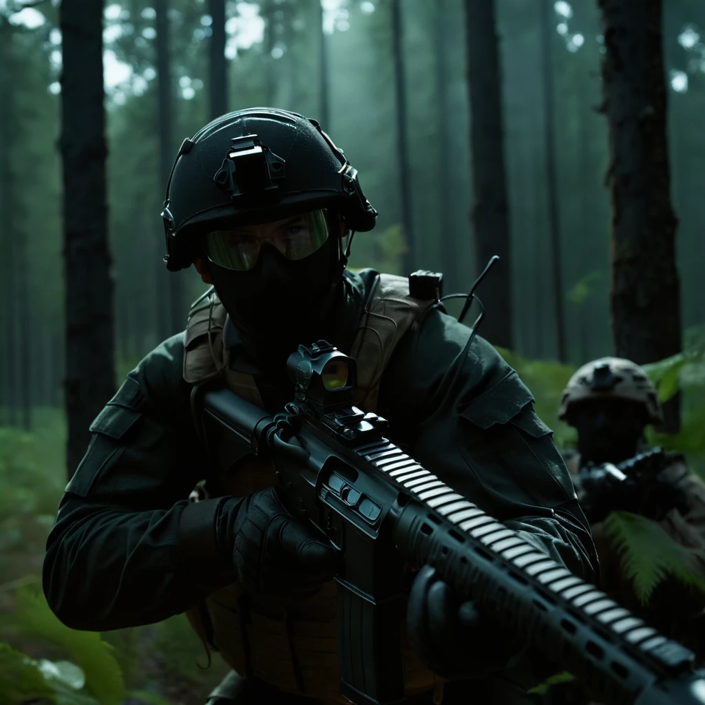 cinematic film still of <lora:Modern Warfare style:1>
POV point of view a soldier man with an assault rifle in a dark forest with volumetric light on modern warfare style,weapon,outdoors,multiple boys,tree,gun,night,grass,plant,nature,scenery,forest,dark, shallow depth of field, vignette, highly detailed, high budget, bokeh, cinemascope, moody, epic, gorgeous, film grain, grainy