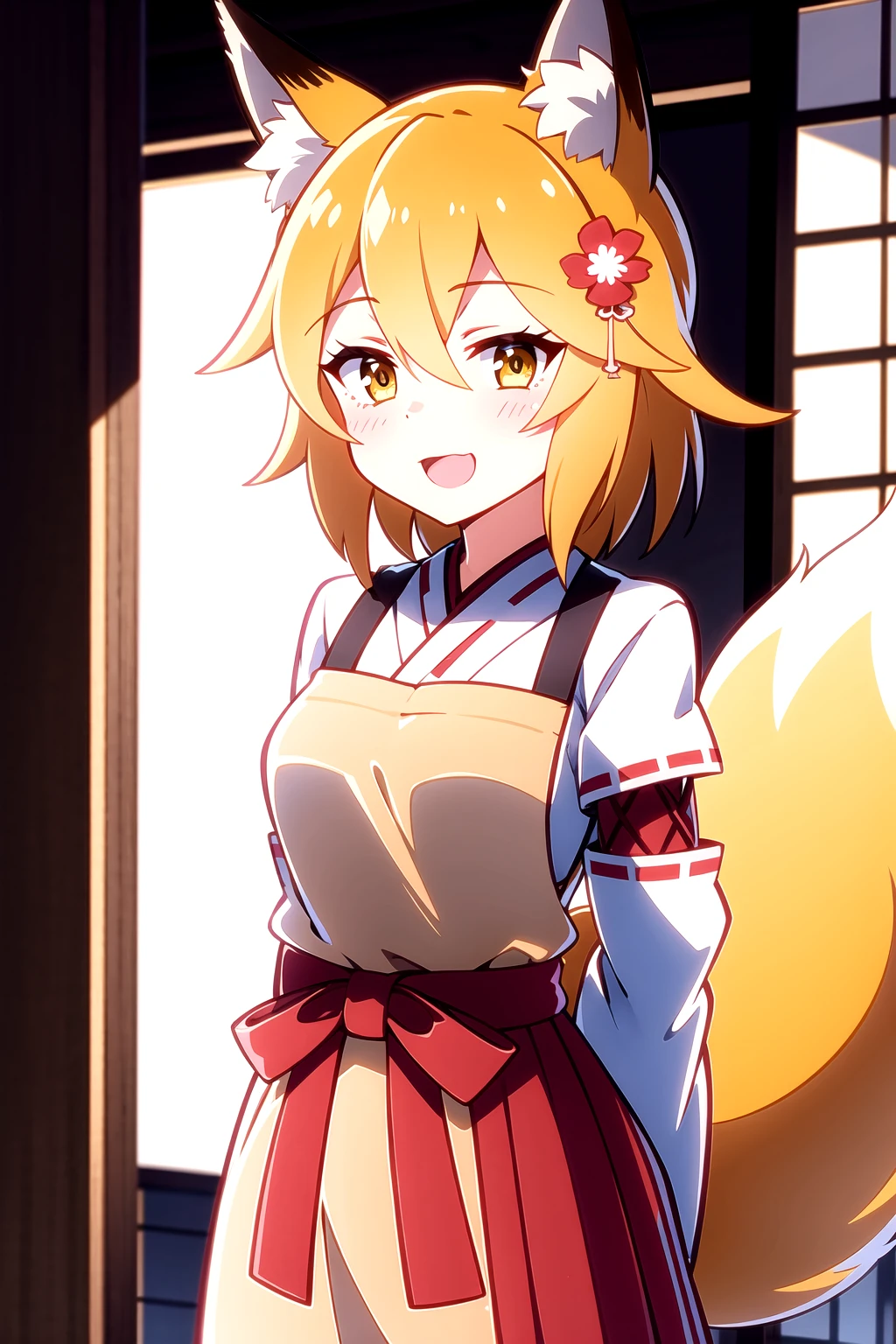 <lora:Senko-07:0.6>, EBSenko, 1girl, solo, looking at viewer, blush, smile, short hair, open mouth, skirt, blonde hair, hair ornament, long sleeves, animal ears, hair between eyes, tail, yellow eyes, flower, japanese clothes, hair flower, wide sleeves, kimono, apron, animal ear fluff, fox ears, fox tail, red flower, fox girl, ribbon trim, hakama, hakama skirt, ribbon-trimmed sleeves, white kimono, miko, red hakama, fox shadow puppet, brown apron, double fox shadow puppet, indoors, japanese architecture, upper body, arms behind back