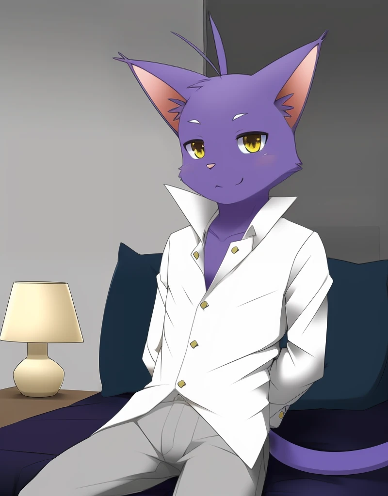 (((detailed eyes, detailed face))), (furry, shin <lora:character_shin_findigo_v1:0.9>, purple skin, purple hair, antenna hair, cat, yellow eyes), male, (solo), (plump), (white shirt, grey pants), sitting, (arms behind back), smile BREAK (konzaburou, ukan_muri, cute), bedroom, (flat shading, flat color, high brightness), 8k, UHD, masterpiece, (full body)