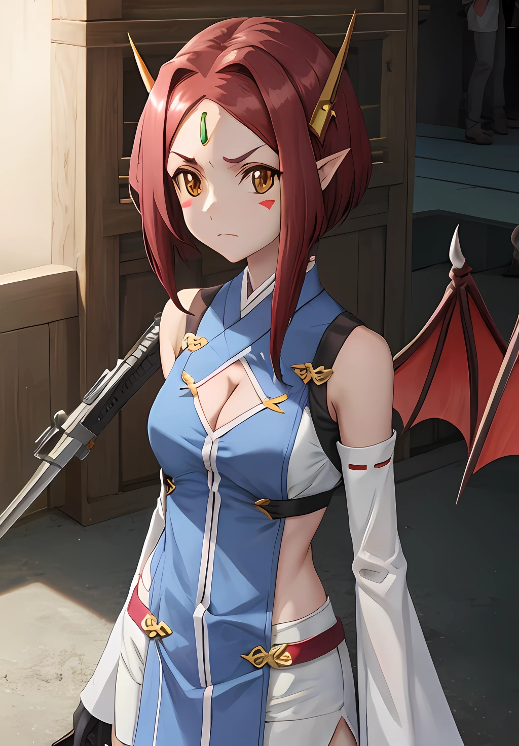 <lora:CrossAngeRondo:0.6>, CrossAngeRondo, Kaname, looking at viewer, gloves, long sleeves, 1boy, holding, cleavage, bare shoulders, brown eyes, closed mouth, standing, weapon, red hair, detached sleeves, wings, sleeveless, solo focus, pointy ears, indoors, medium hair, holding weapon, v-shaped eyebrows, clothing cutout, headgear, frown, cleavage cutout, forehead, dragon girl, forehead mark, dragon wings