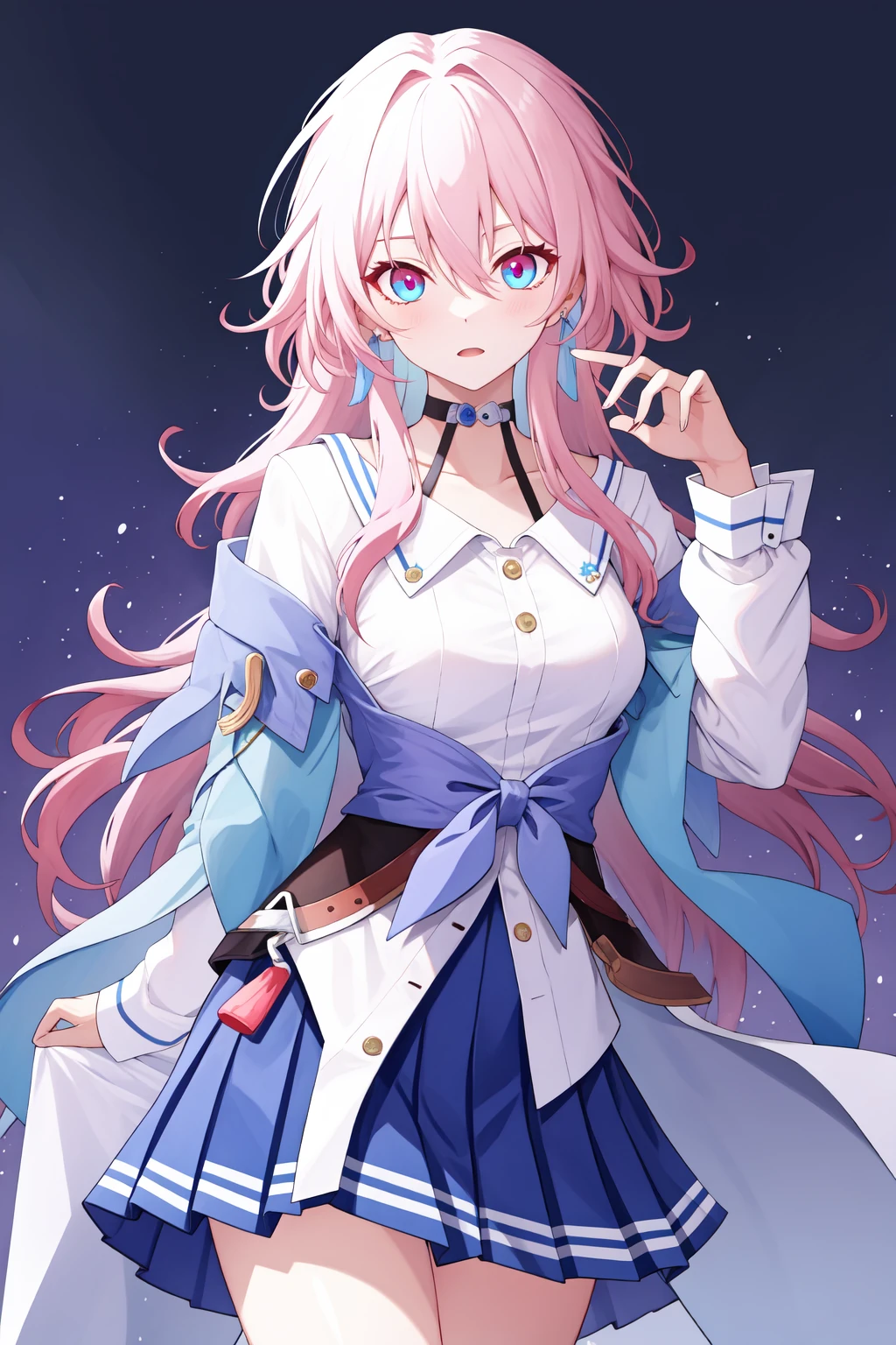 <lora:䏿ä¸:1:lbw=char>,sanyueqi,pink hair,bangs,shirt,white shirt,long sleeves,blue eyes,jacket,skirt,choker,blue jacket,blue skirt,hair between eyes,multicolored eyes,, 1girl,
, (masterpiece,best quality:1.2),absurdres