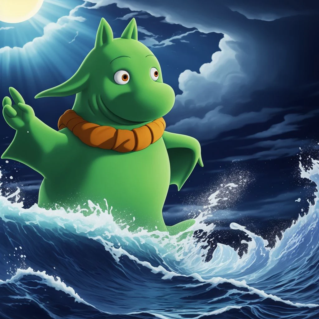 A Cthulhu Moomin is rising up from the depths of the sea in a great storm <lora:SD15-Moomin-LoRA:0.8>, Very detailed, clean, high quality, sharp image