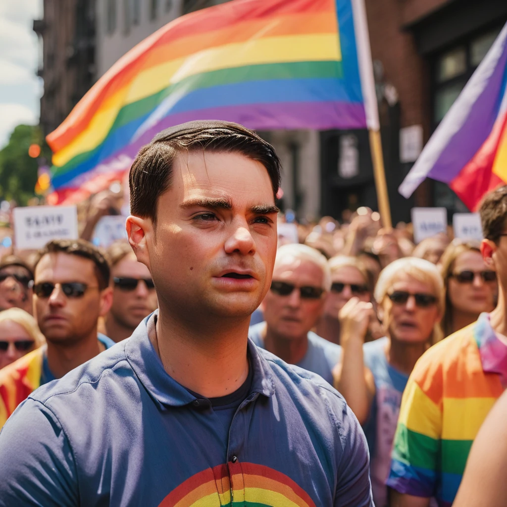 benshapiro, crying next to a rainbow flag, at a gay pride parade, f/1.8 50mm photo <lora:benshapiro:1>