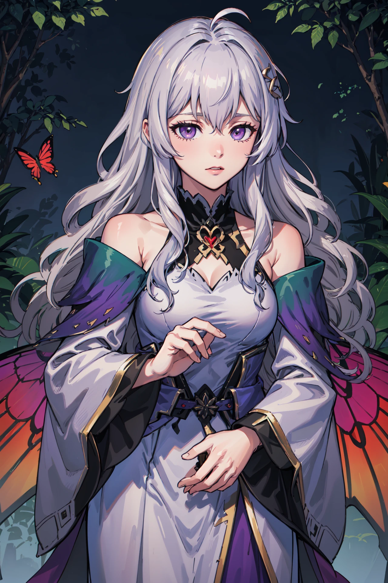 top-down bottom-up,front view,confused,<lora:deirdreV1:0.8>res_deirdre, purple dress, wavy hair, antenna hair,  butterfly wings,bare shoulders,long sleeves, gradient clothes, wide sleeves, detached sleeves,detached collar, turtleneck, sleeveless, jewelry, gradient dress,forest,sunlight,(masterpiece, best quality, ultra-detailed, best shadow)