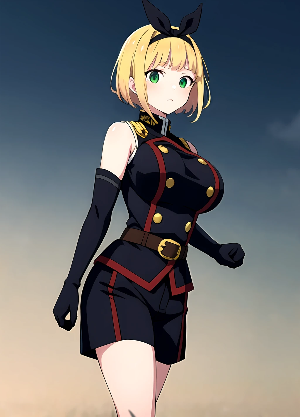 masterpiece, best quality, outdoors, Hands down, black sky background, <lora:Shushu Suruga  anylora19r42r-000006:0.7>, uniform,  gloves, elbow gloves, belt, black gloves, shorts,  black shorts, Shushu Suruga, 1girl,  yellow hair, green eyes, looking at viewer, short hair, large breasts, hairband, bangs,