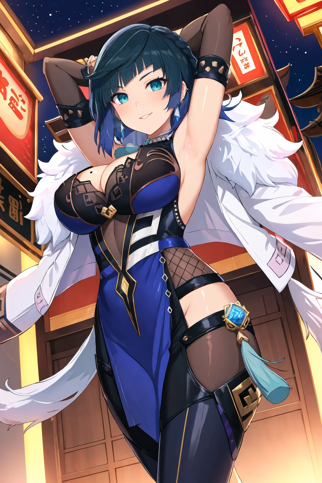 masterpiece, best quality, yelan \(genshin impact\), 1girl, breasts, solo, bangs, armpits, smile, cleavage, jewelry, gloves, jacket, dice, mole, cloud, grin, dress, blush, earrings, thighs, tassel, sleeveless, day, outdoors, large breasts, looking at viewer, green eyes, arms up, short hair, blue hair, vision (genshin impact), fur trim, white jacket, mole on breast, arms behind head, bob cut, multicolored hair, black hair, fur-trimmed jacket, elbow gloves, bare shoulders, blue dress, parted lips, diagonal bangs, clothing cutout, pelvic curtain, asymmetrical gloves,Chinatown, cinematic, warm lights, dramatic light, (intricate details:1.1), complex background  <lora:Yelan_Hard:1> <lora:Yaegashi-Han-Style_1036864:1>