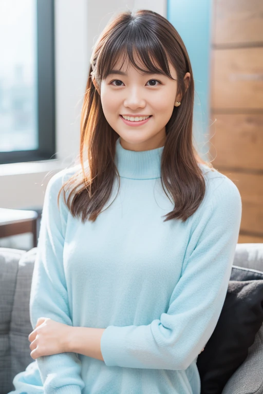 1girl, solo,(sky blue snuggly wear:1.8),(RAW photo, best quality), (realistic, photo-realistic:1.4), masterpiece, an extremely delicate and beautiful, extremely detailed, 2k wallpaper, Amazing, finely detail, extremely detailed CG unity 8k wallpaper, ultra-detailed, highres, soft light, beautiful detailed girl, extremely detailed eyes and face, beautiful detailed nose, beautiful detailed eyes,(soft light:1.8),(in the living room:2.0),perfect anatomy,(slender body:1.6),(close up face:1.8),(laugh,Friendly, warm:2.0),(looking at viewer:1.8),(japanese idol:1.8),(brown eyes:1.8),(shoulder length hair:1.8),(sitting on the sofa:1.8),  <lora:hayamisaori_lora-11:0.8>