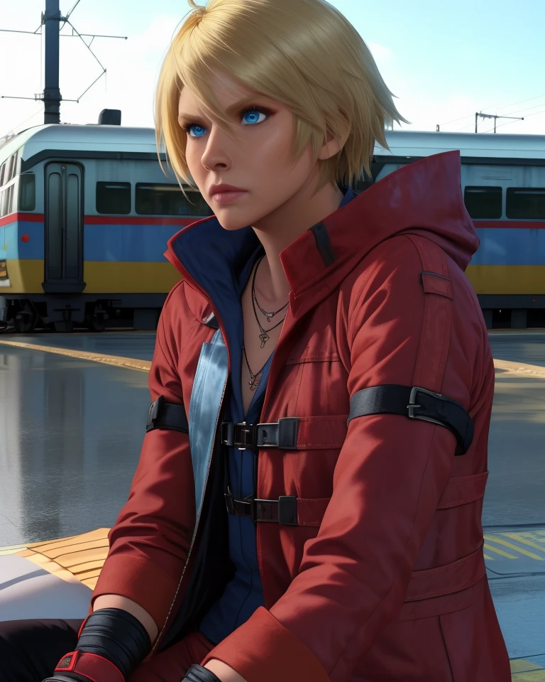 Leo,blonde hair,short hair,blue eyes,
red coat,flat chest,
necklace,fingerless gloves,upper body, sitting,
train station,science fiction,
(insanely detailed, masterpiece, best quality),solo,<lora:LeoT8-11v10v2:0.8>,