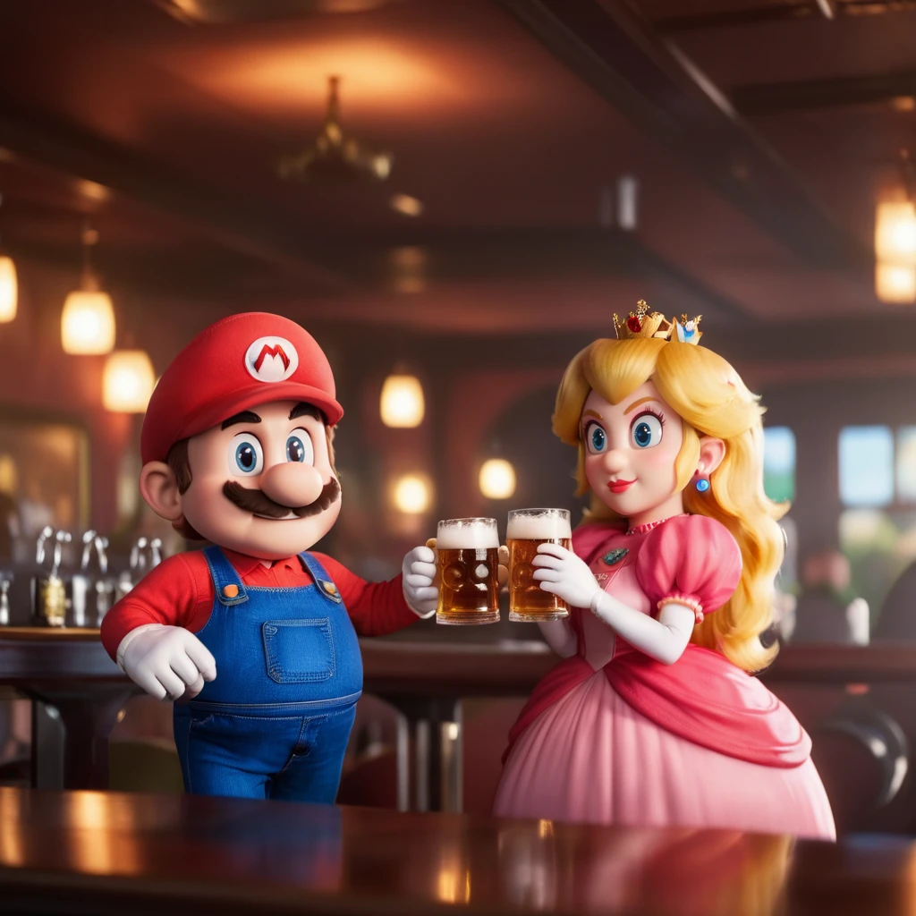 cinematic photo mario and princess peach having a beer in a pub <lora:Mario1024-000200:0.8> . 35mm photograph, film, bokeh, professional, 4k, highly detailed