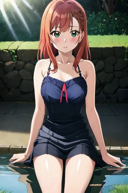 , tsukishima riho, 1girl, alone, long hair, skirt, orange hair, hair ornament, navel, cleavage, hair between eyes, bare shoulders, twintails, medium breasts, closed mouth, green eyes, collarbone, swimsuit, flower, bikini, outdoors, frills, striped, shiny, hair flower, shiny hair, arms behind back, bikini top only, frilled bikini, striped bikini, bench, perfect hands, perfect anatomy