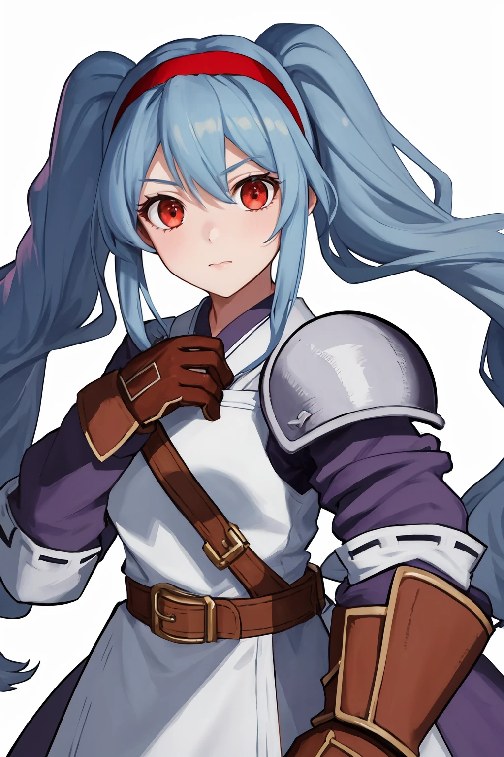masterpiece, best quality, 1girl, solo, <lora:anastasiavaleria-wa-richy-v1:1> anastasia, red hairband, hair tubes, twintails, sidelocks, armored dress, gloves, belt