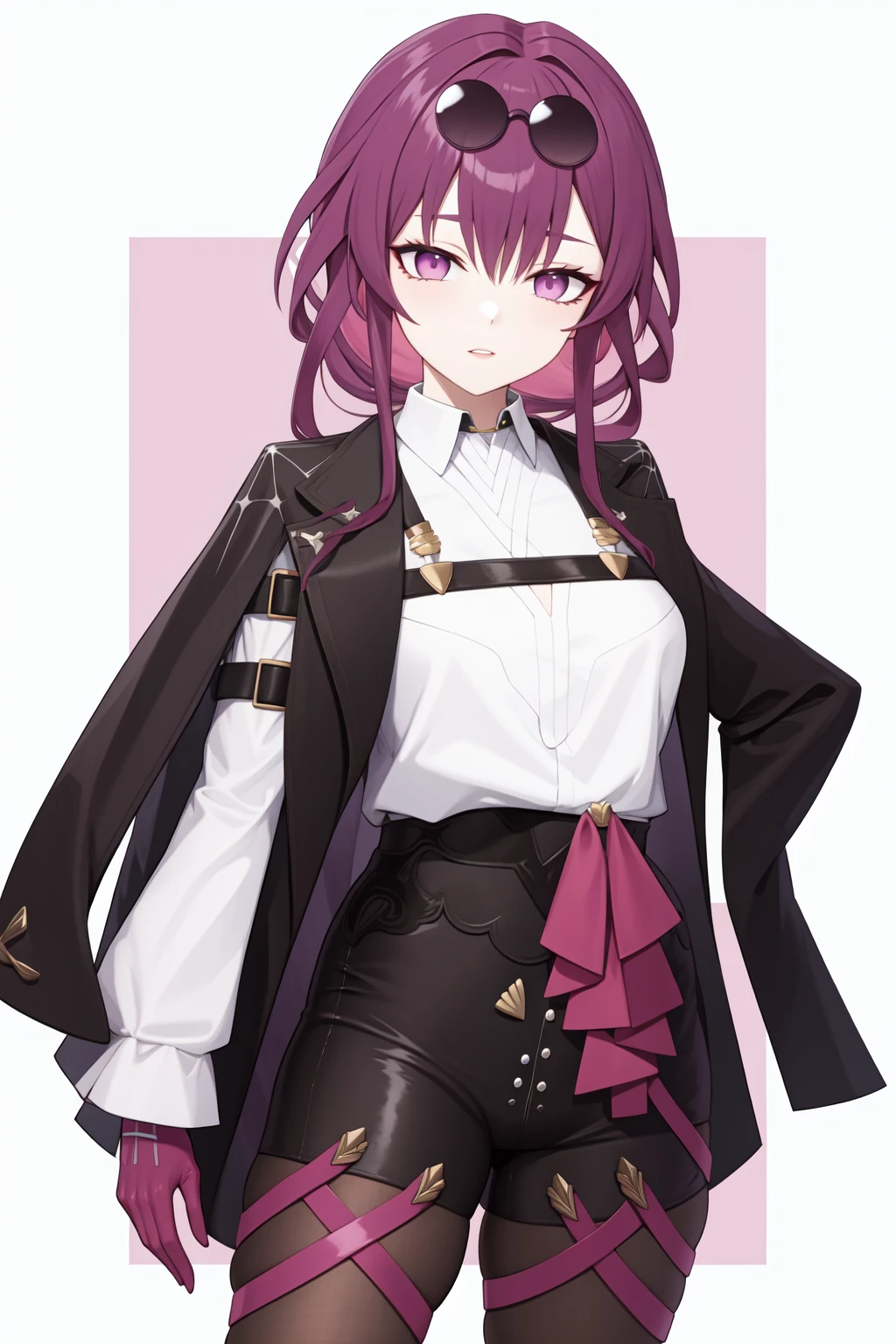 <lora:å¡èå¡:1:lbw=char>,kafka,bangs,eyewear on head,purple hair,long hair,sunglasses,purple eyes,shirt,gloves,white shirt,long sleeves,jacket,pantyhose,pink eyes,, 1girl,
, (masterpiece,best quality:1.2),absurdres