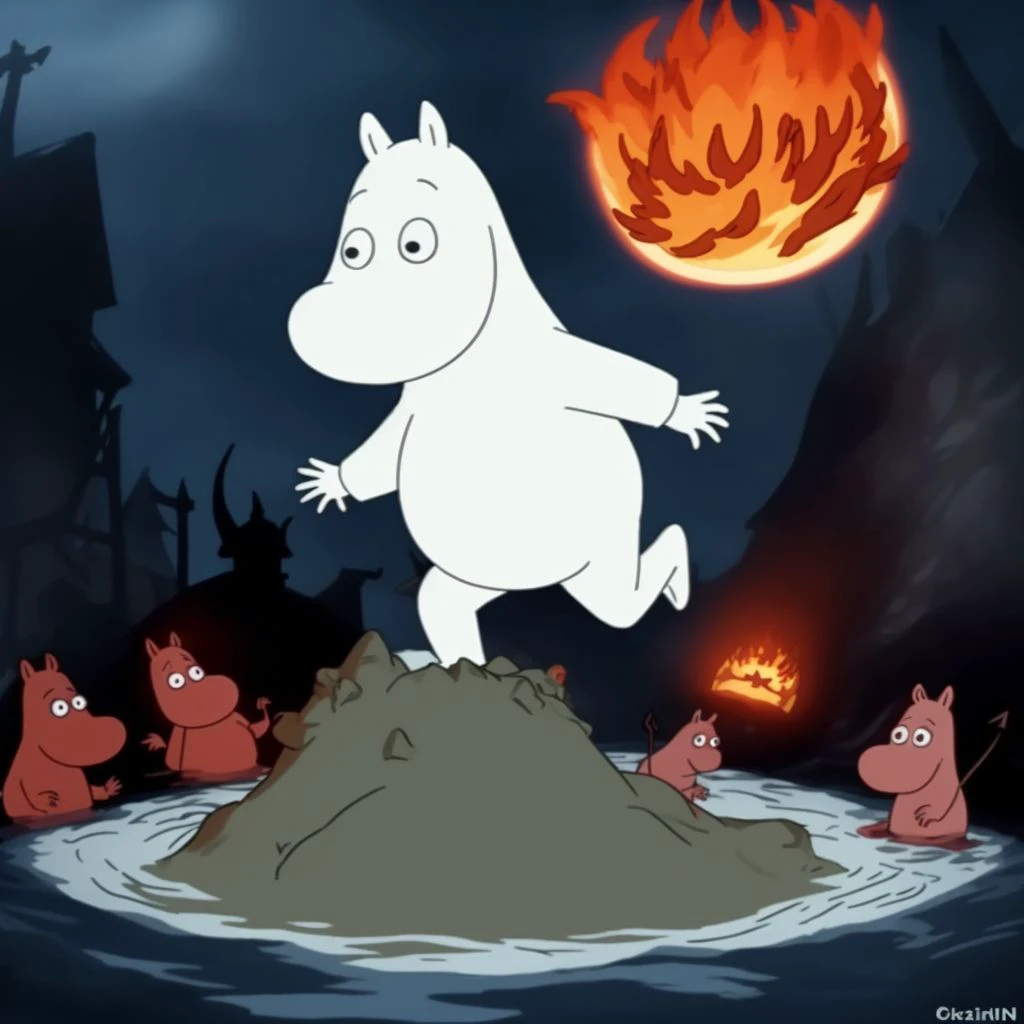 A demonic Moomin rising up from the depths of hell <lora:SD15-Moomin-LoRA:0.8>