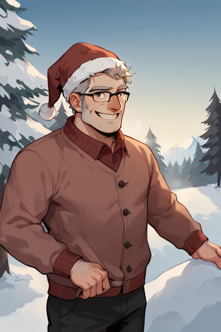 score_9, score_8_up, score_7_up, stanpines, solo, male focus, portrait, upper body, mature male, old man, short hair, grey hair, brown eyes, thick eyebrows, glasses, black-framed eyewear, facial hair, stubble, sideburns, smile, santa hat, pink sweater, black pants, fat, arm hair, standing, outdoors, pine forest, winter, snow <lora:Stanley (Stan) Pines SDXL_LoRA_10r_10e_32i_nr32_a16_Pony Diffusion V6 XL:0.7> <lora:Anime Style LoRA XL:0.8>