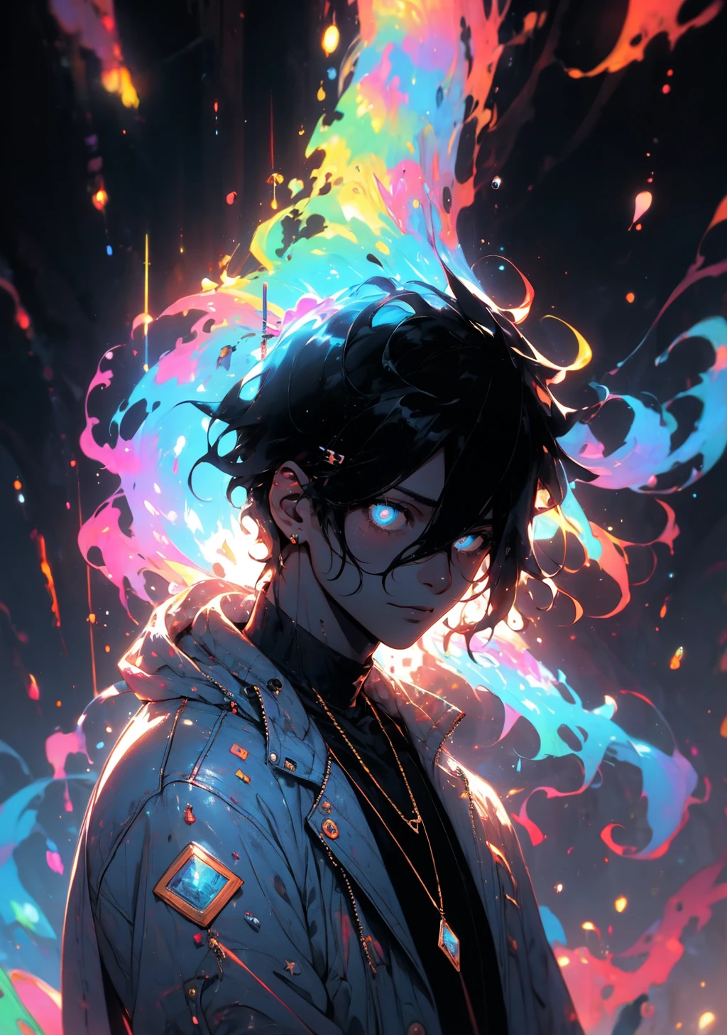 rainbow, 1boy, male focus, black hair, hair between eyes, long hair, blue eyes, closed mouth, jewelry, jacket, long sleeves, earrings, upper body, piercing, black background, solo, <lora:rainbow_lora-06:2>