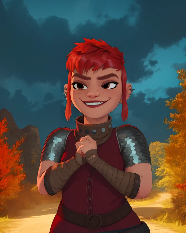 Nimona,short red hair,freckles,sidelocks,brown eyes,smiling,
ear piercing,armor,bandages,gloves,dress,
standing, upper body,
nighttime,outdoors,
(insanely detailed, masterpiece, best quality),fantasy,<lora:Nimona:0.8>,