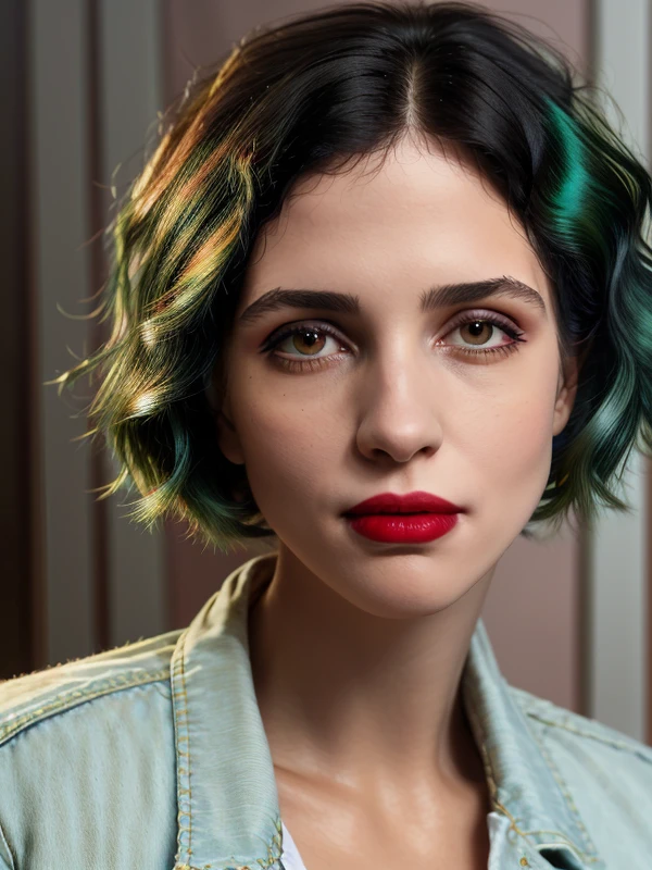 gquality, <lora:nadya:1> nadya, 1girl, solo, black hair, looking at viewer, short hair, simple background, shirt, mole, portrait, realistic, red lips, jacket, green hair, two-tone hair, makeup