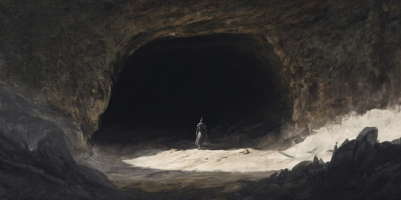 a painting of a person standing in a dark cave with a large escape in the background , trending on art station, a digital painting, fantasy art <lora:Milde_style_art:1>