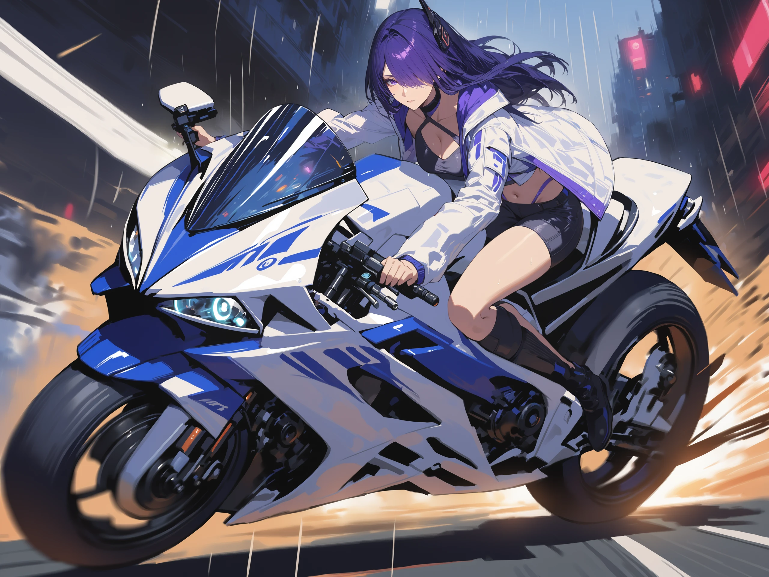 masterpiece, high quality, 1girl, solo, acheron, beautiful woman, riding white superbike, street racing, dark gradient hair, hair over eye, (painterly style, impressionism), dynamic, cinematic, jacket, navel, <lora:Acheron_v08:1>, motion blur, spinning wheels, raining, cyberpunk streets, light trails, shorts, riding boots, action shot, glowing
