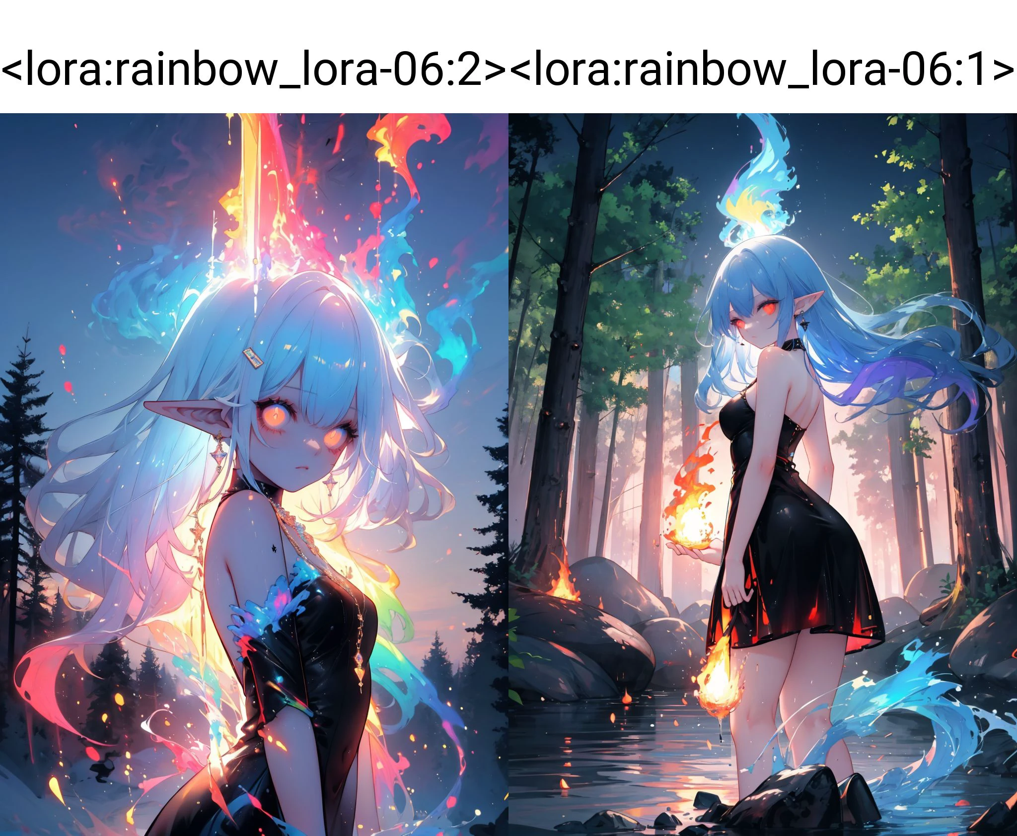 rainbow, 1girl, blue hair, long hair, blue fire, red eyes, pointy ears, dress, bare shoulders, jewelry, earrings, black dress, tree, night, fire, nature, glowing eyes, forest, outdoors, fiery hair, looking at viewer, solo, <lora:rainbow_lora-06:2>