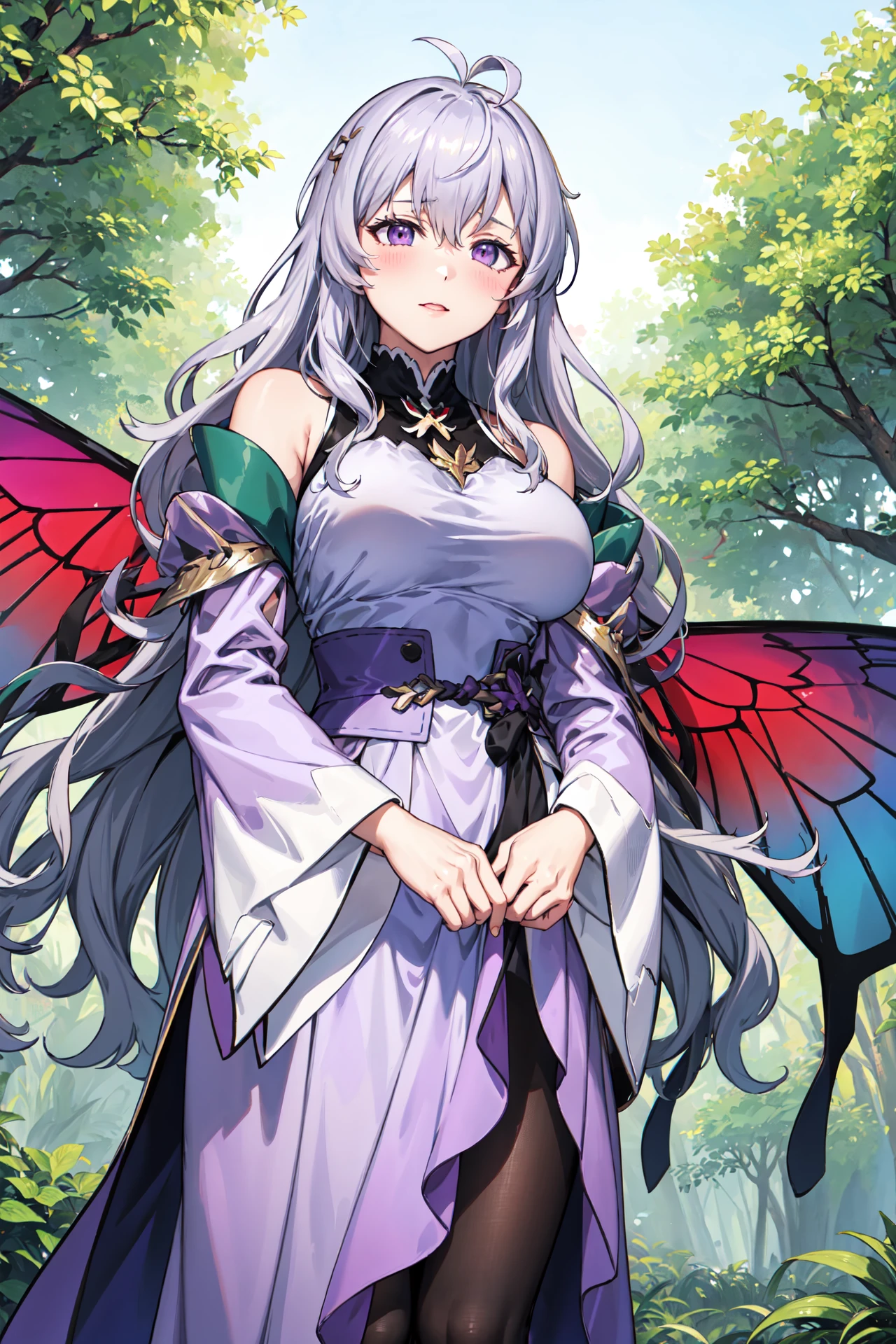 (from below:1.2),pantyhose, blush,skirt_lift, <lora:deirdreV1:0.8>res_deirdre, purple dress, wavy hair, antenna hair,  butterfly wings,bare shoulders,long sleeves, large_breasts,gradient clothes, wide sleeves, detached sleeves,detached collar, turtleneck, sleeveless, jewelry, gradient dress,forest,sunlight,(masterpiece, best quality, ultra-detailed, best shadow)