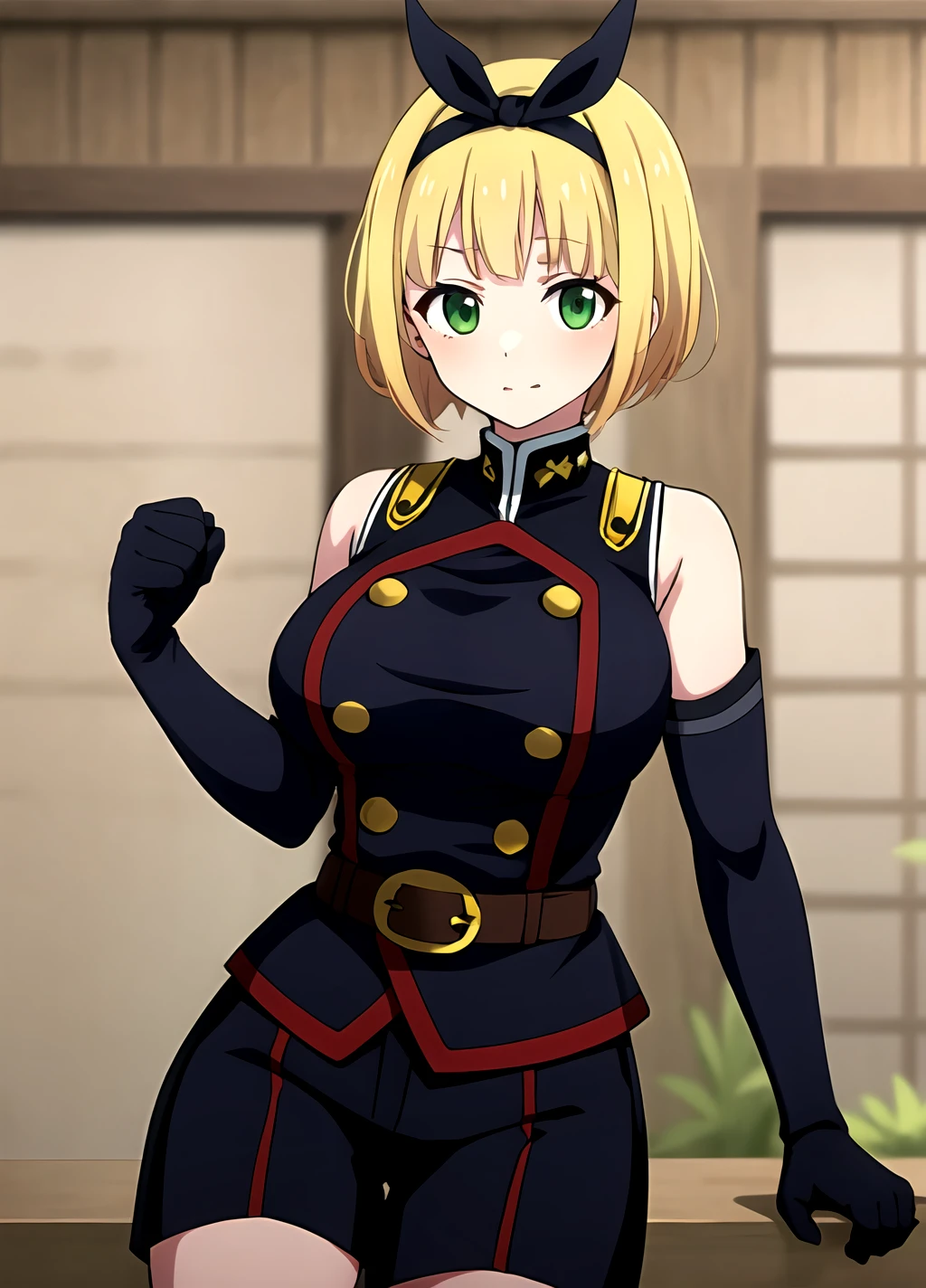 masterpiece, best quality, <lora:Shushu Suruga anylora19r42r-000006:0.7>, uniform, gloves, elbow gloves, belt, black gloves, shorts, black shorts, Shushu Suruga, 1girl, yellow hair, green eyes, looking at viewer, short hair, large breasts, hairband, bangs, bow