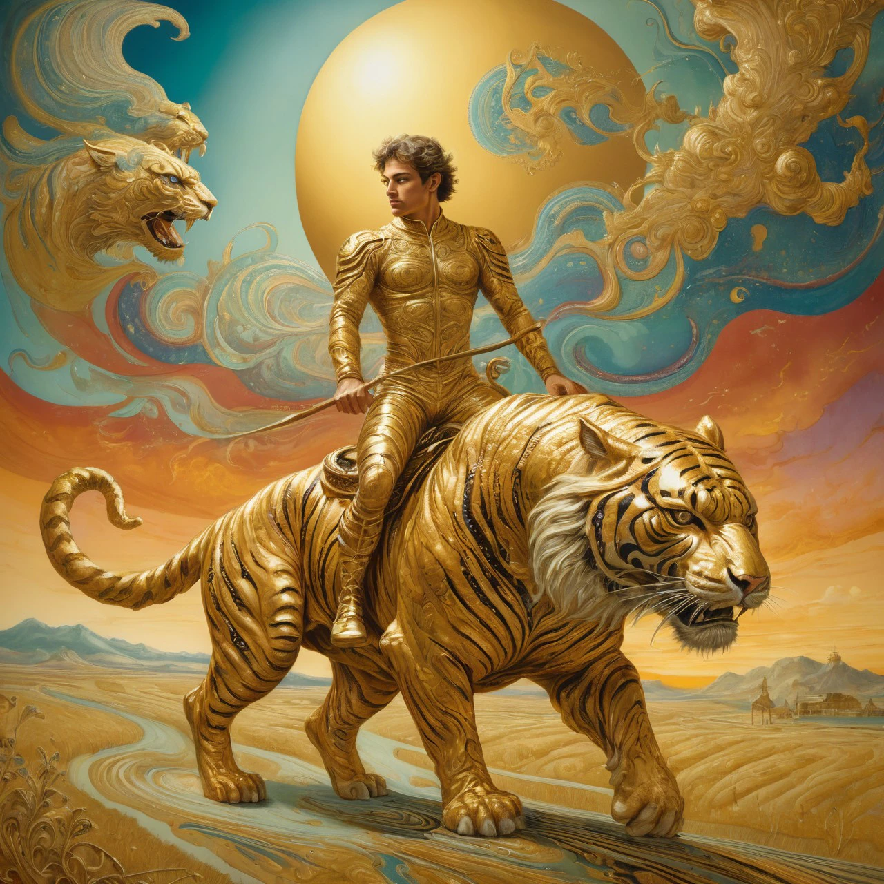 fantasy Expressionism xlmrblng36-500 a mature gold-toned Spanish male gymnast riding a armored tiger in a prairie landscape, tornado,very detailed, intricate, crisp lines