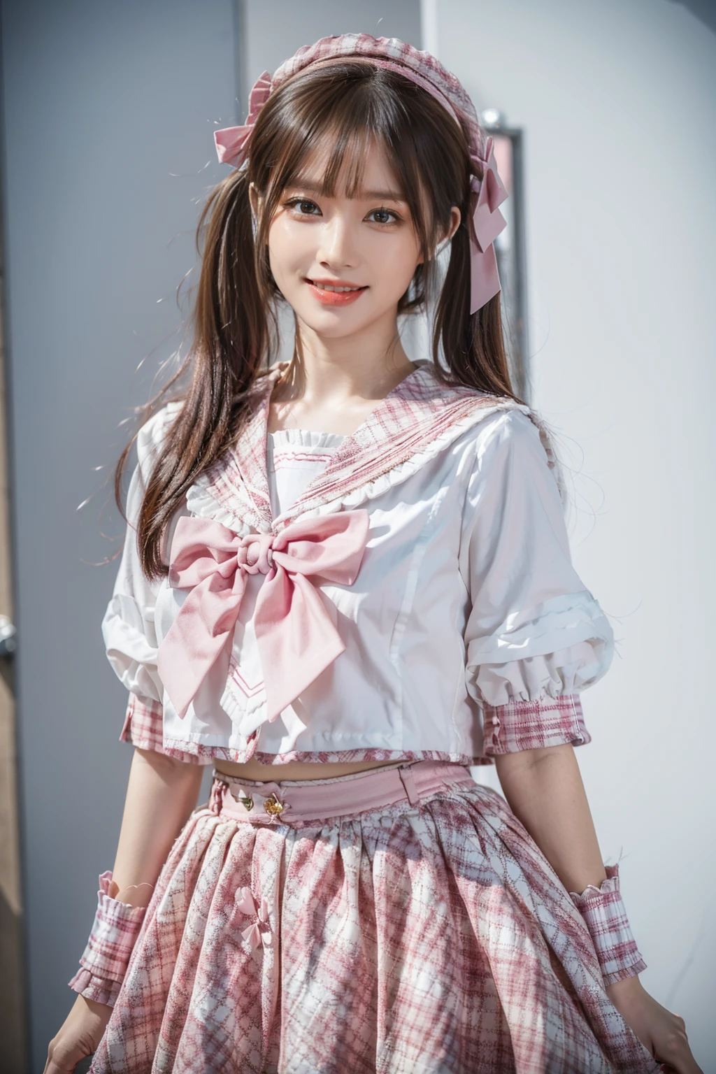 best quality, masterpiece, realistic, photorealistic, 1girl, solo, looking at viewer, smile, cowboy shot, standing, low twintails, bangs, idol costume, cyb skirt, cyb shirt, plaid skirt, frilled skirt, idol, wrist cuffs, bow, sailor collar, frills, simple background, <lora:idol_costume_style7_v1:0.7>