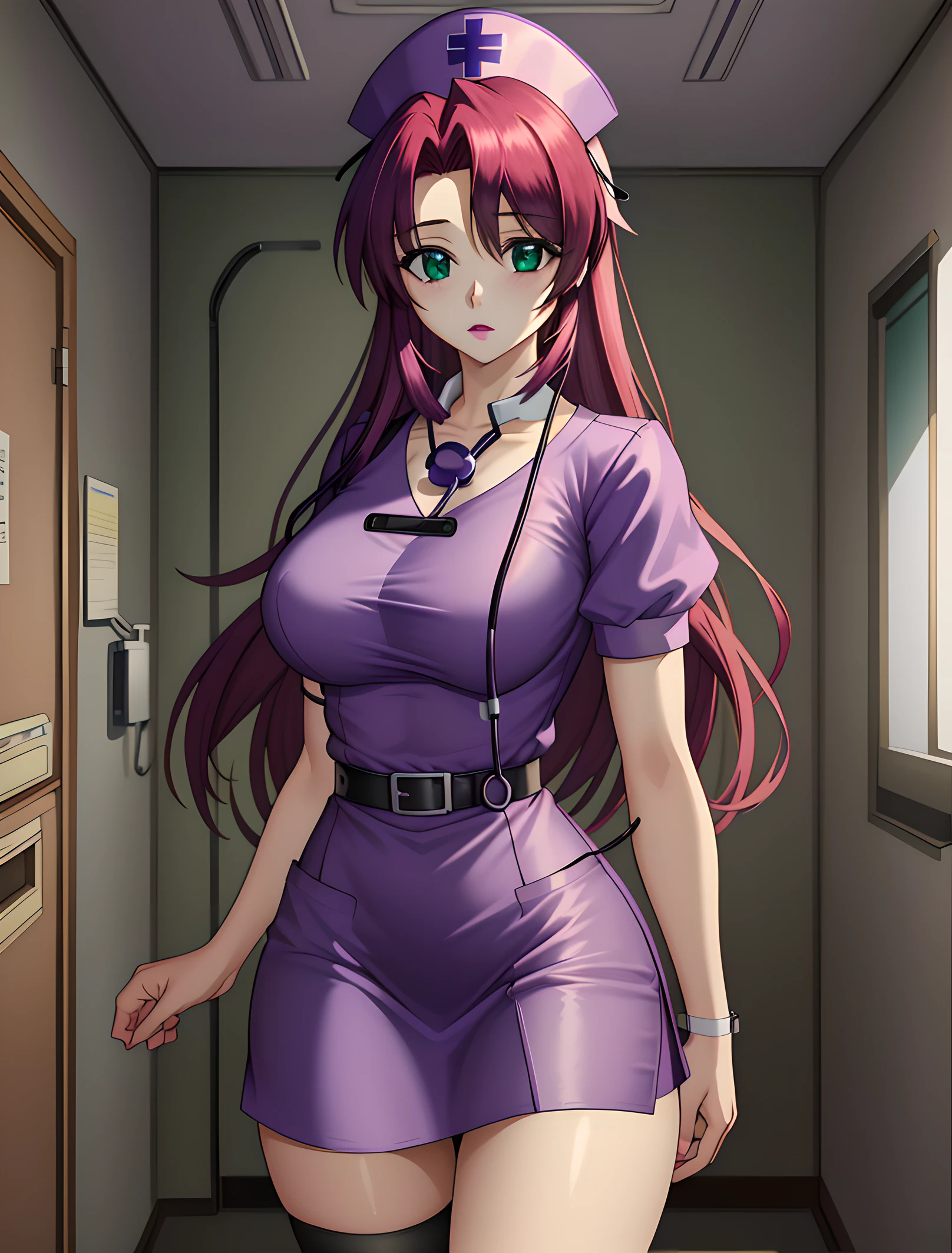 ((masterpiece, best quality, high quality)),1girl, ((uncropped,lower body, hospital)), <lora:Purple Nurse:0.6> (purple_nurse_cst, stethoscope, nurse, nurse cap, purple headwear, purple dress, jewelry), <lora:YuuMikihara:0.7> (yuumikihara, red hair, 1girl, solo, green eyes, long hair, large breasts, lipstick),
