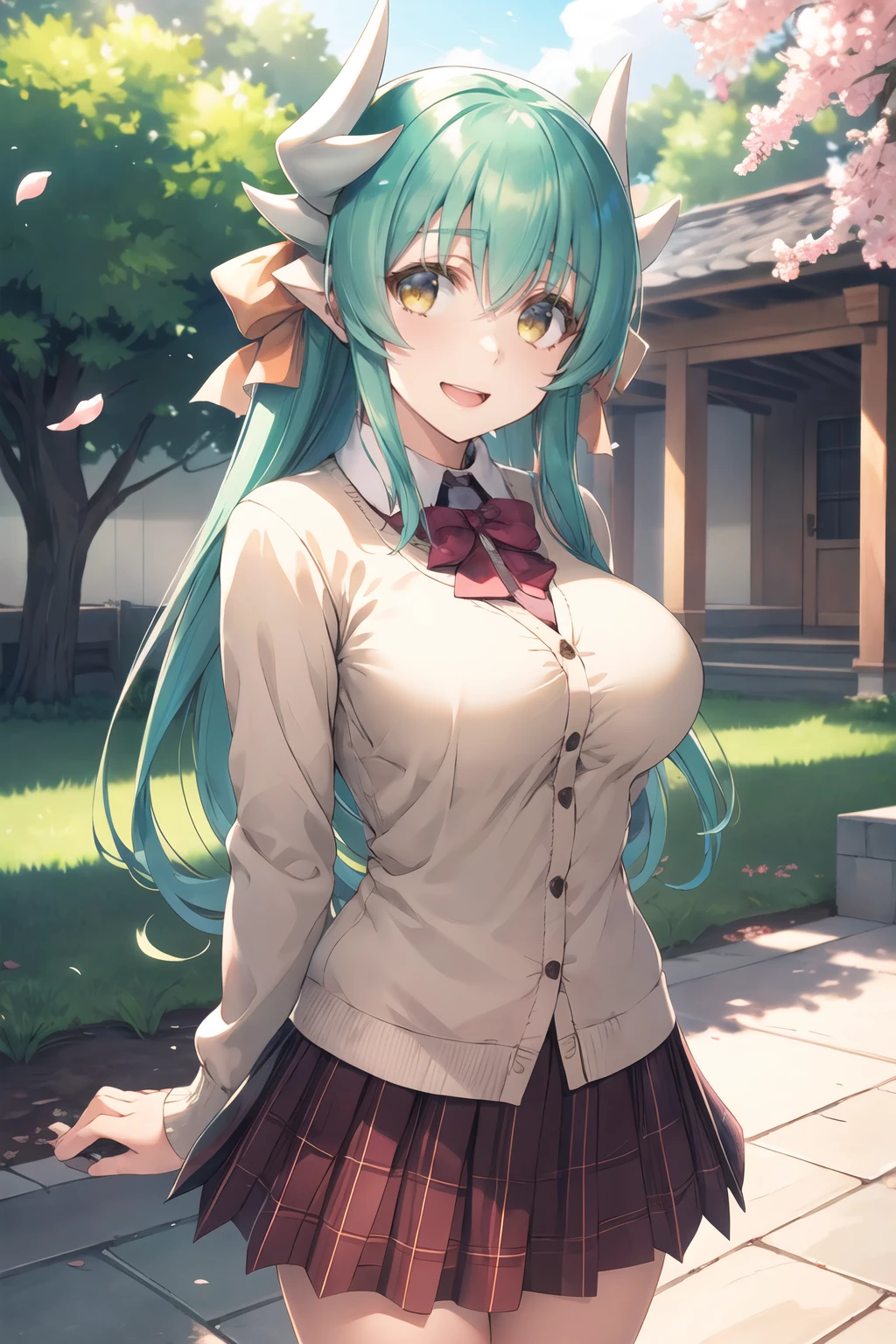 masterpiece, Highest quality, High resolution, Ah, Kiyoshi, Long Hair, Aqua Hair, White corner, Hair Ribbon, Yellow ribbon, Yellow Eyes, cardigan, Checked skirt, Put your arms behind your back, smile, Open your mouth, petal, Outdoor, Big Breasts