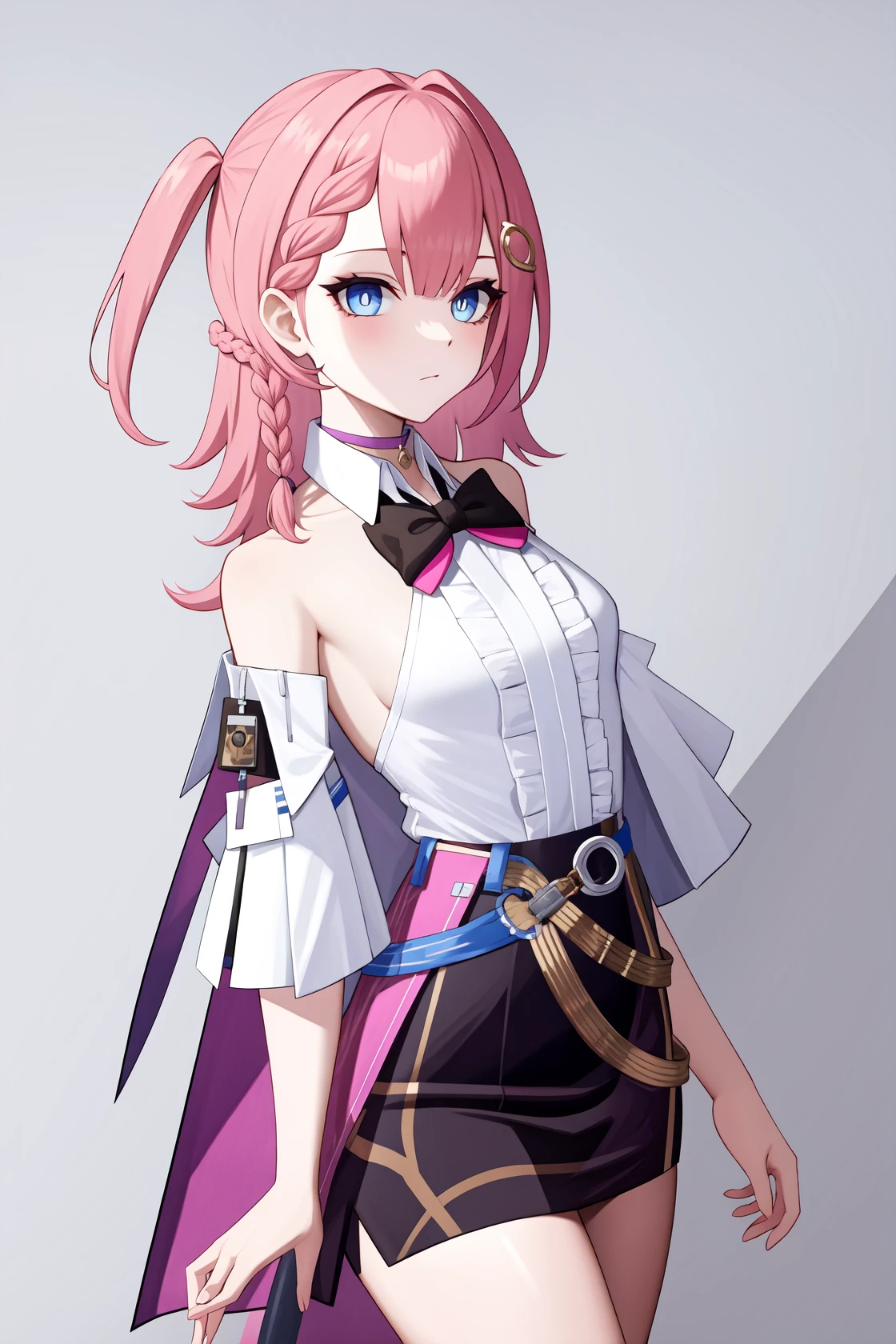 <lora:è¾ä¸å¦²-000010:1:lbw=char>, asta,blue eyes,braid,bangs,hair ornament,pink hair,shirt,bow,skirt,white shirt,sleeveless,black skirt,black bow,bowtie,, 1girl,
, (masterpiece,best quality:1.2),absurdres