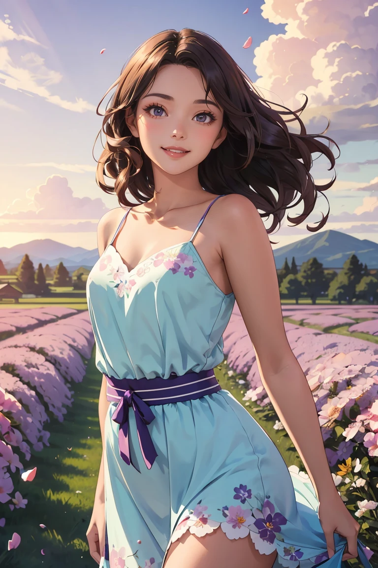 masterpiece, best quality,
Ray tracing, hdr, volumetric lighting,
A woman in a vintage-inspired floral dress, her hair styled in loose waves, with a confident and radiant expression, open field, flower field, bloom, sunset, smile, (((curvy))), ((mature female)), curly hair, anime screencap, flat color, floating hair, wind, falling petals, purple sky, bird, masterpiece, best quality, intricate detail,