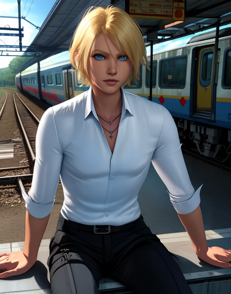 Leo,blonde hair,short hair,blue eyes,
flat chest,white shirt,
necklace,upper body,sitting,
train station,science fiction,
(insanely detailed, masterpiece, best quality),solo,<lora:LeoT8-11v10v2:0.8>,
