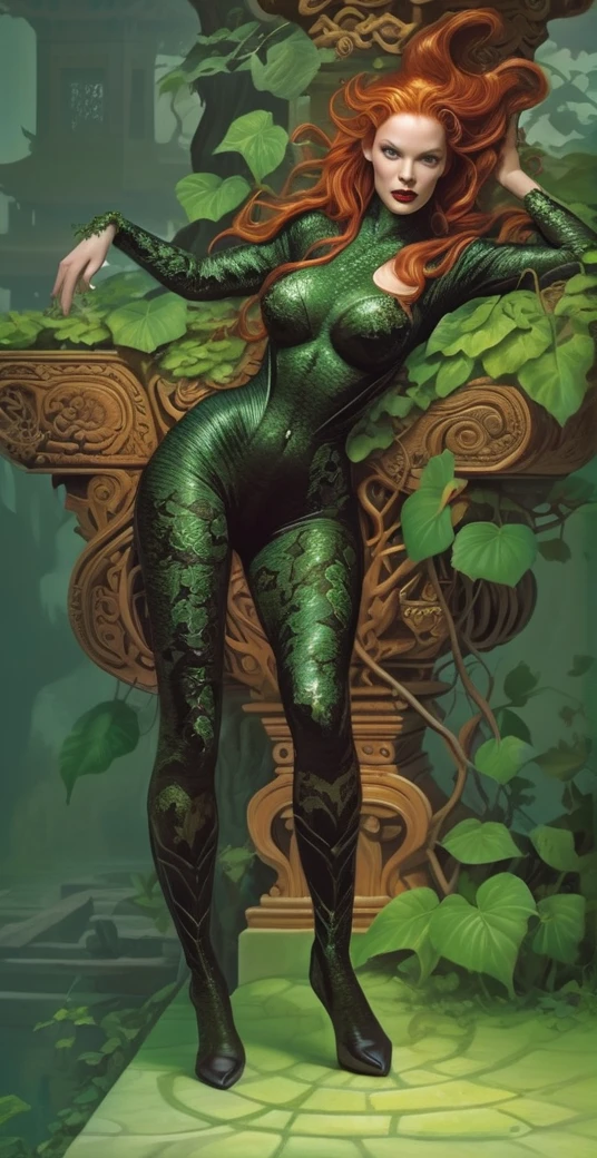 uma thurman, Ultra realistic extremely beautifully detailed 8k picture of 1 gorgeously cute and cool woman uma poison ivy exploring a forbidden city at night, extremely detailed eyes mouth and facial features, gorgeous breathtaking composition and epic cinematic lighting