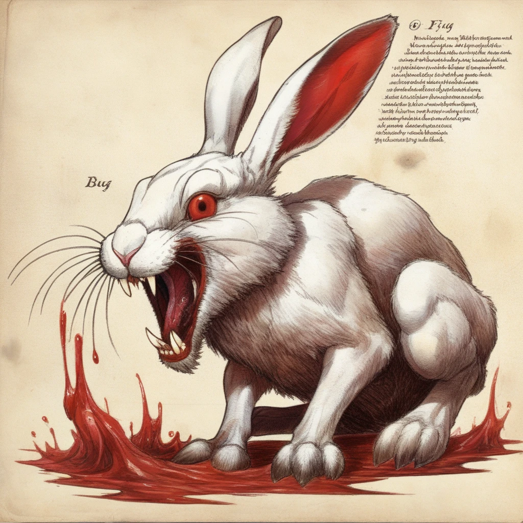 bestiarum white bunny with sharp fangs in red liquid <lora:bestiarum:0.7>