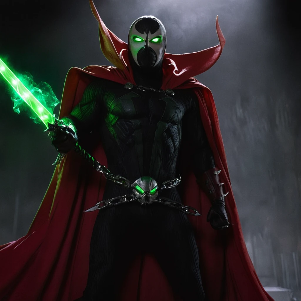 UHD, 4k, ultra detailed, cinematic, a photograph of  <lora:Spawn v1:0.9>
living symbiotic costume, red cape, mask, green eyes, glowing eyes, creature, Spawn a man in a green mask with chains around his neck, solo, looking at viewer, 1boy, green eyes, upper body, male focus, cape, mask, glowing, chain, glowing eyes, skull, superhero, blurry, bodysuit, high collar, green fire, medium closeup, surrounded by chains, glowing green eyes, epic, beautiful lighting, inpsiring
