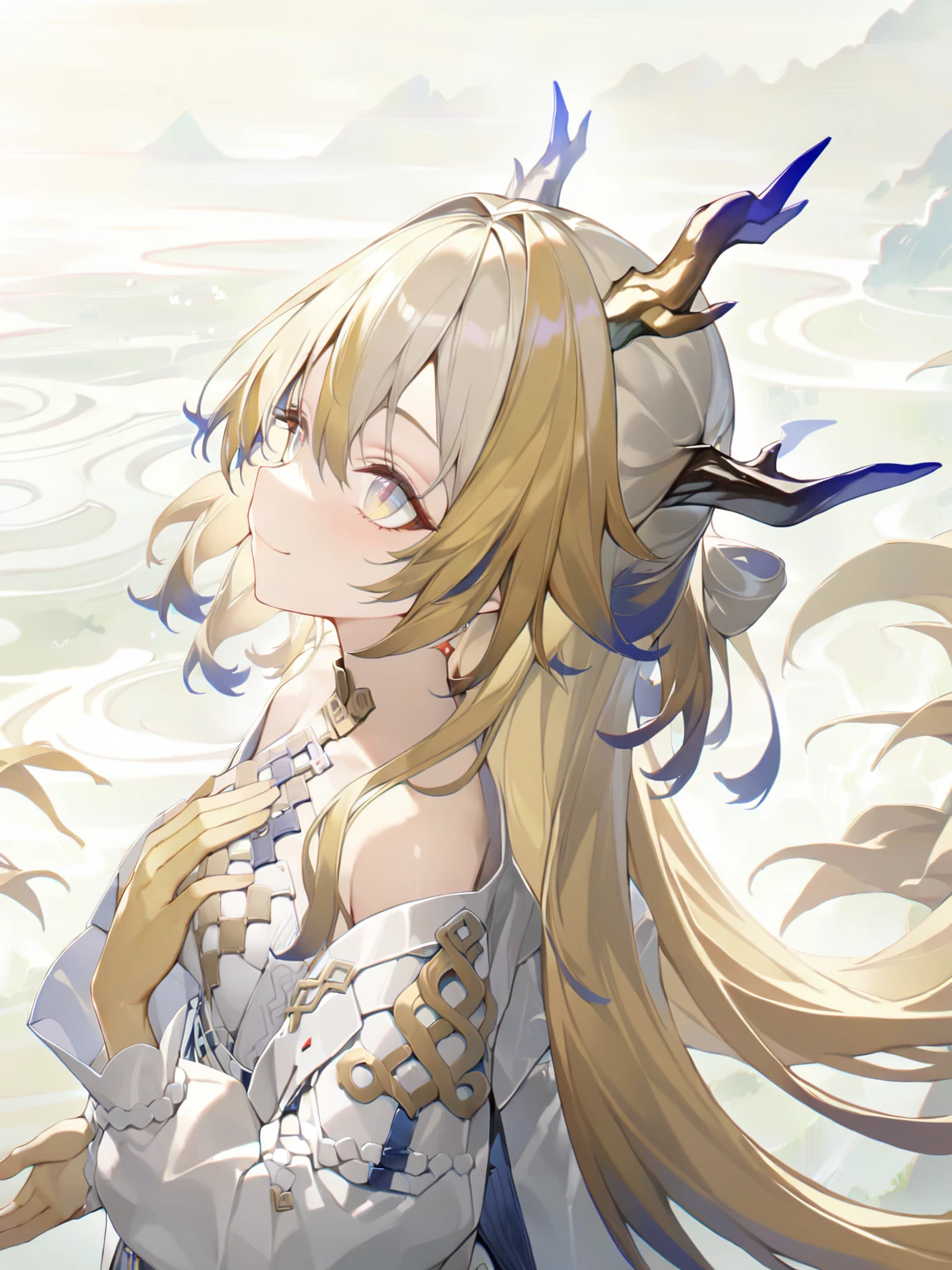 (1girl:1.2),(solo:1.2),masterpiece,best quality,highly detailed,best quality,illustration,highres,extremely detailed wallpaper,third-party edit,nice hands,perfect hands,
<lora:ShuLoraXL:1>,dragon horns,long hair,multicolored hair,blonde hair,(white background:1.2),slight smile,(looking up:1.2)one hand on chest,one hand reach up,from side