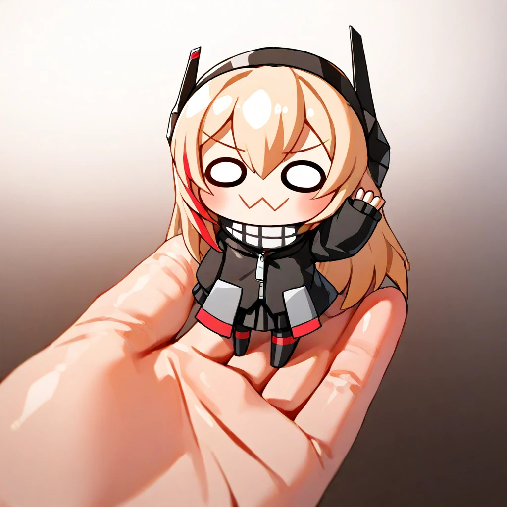 1girl, m4_sopmod_ii_jr, girls'_frontline, 0w0, chibi, big head, minigirl, looking_at_viewer, solo, maked, handmaid, on hand, pov,
pov hand, nice hand, perfect hand,
masterpiece, best quality, 
