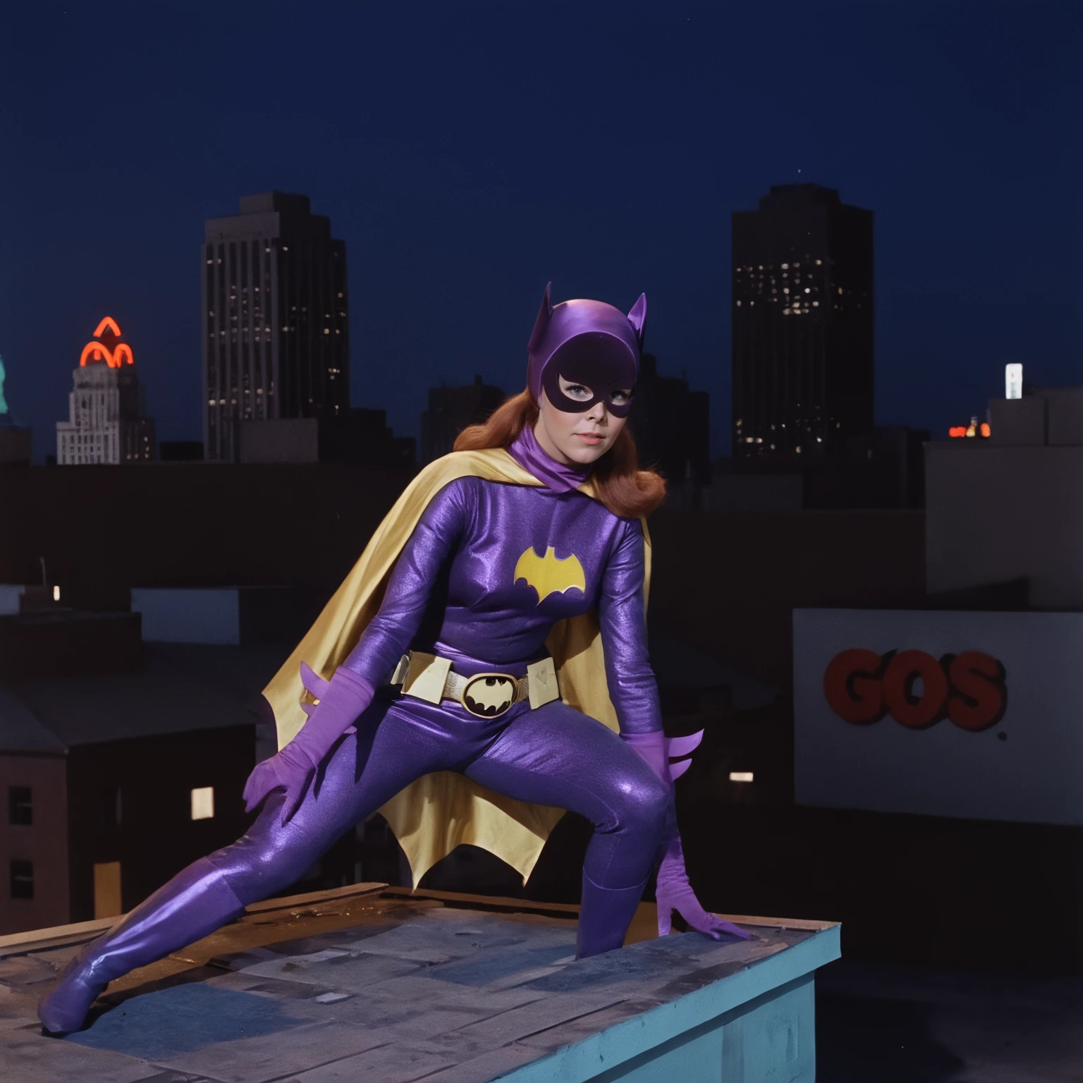 Yvonne Craig mulher, standing on top of a roof at night, city buildings background, muscular man behind her, 60s style, Analog film, snapshot, film grain